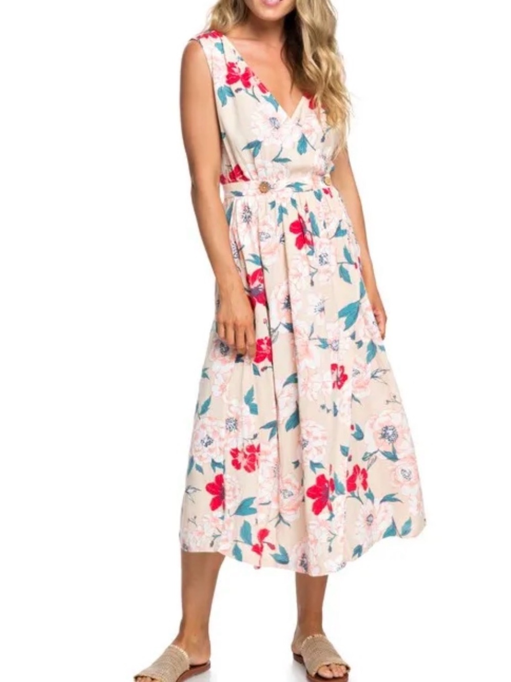 Roxy Floral Midi Dress in Cream, Pink and Teal